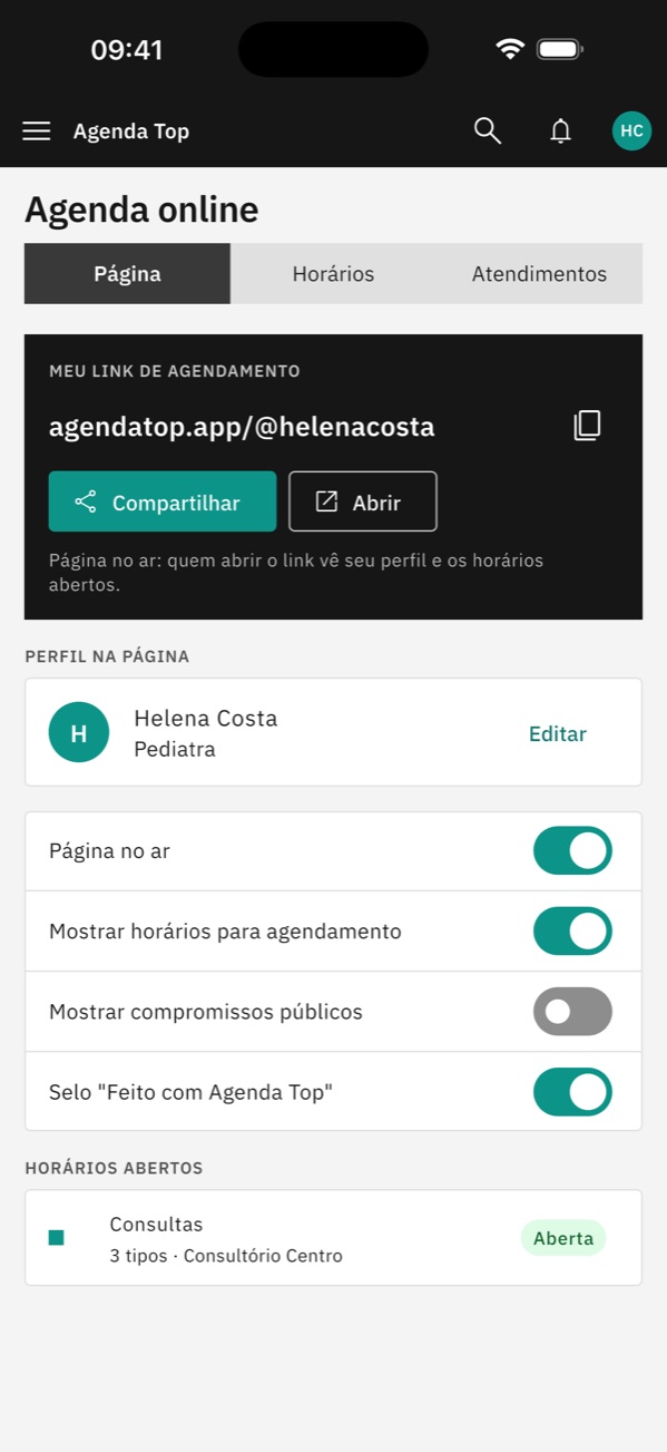 Agenda online no app, com o link de agendamento e o perfil