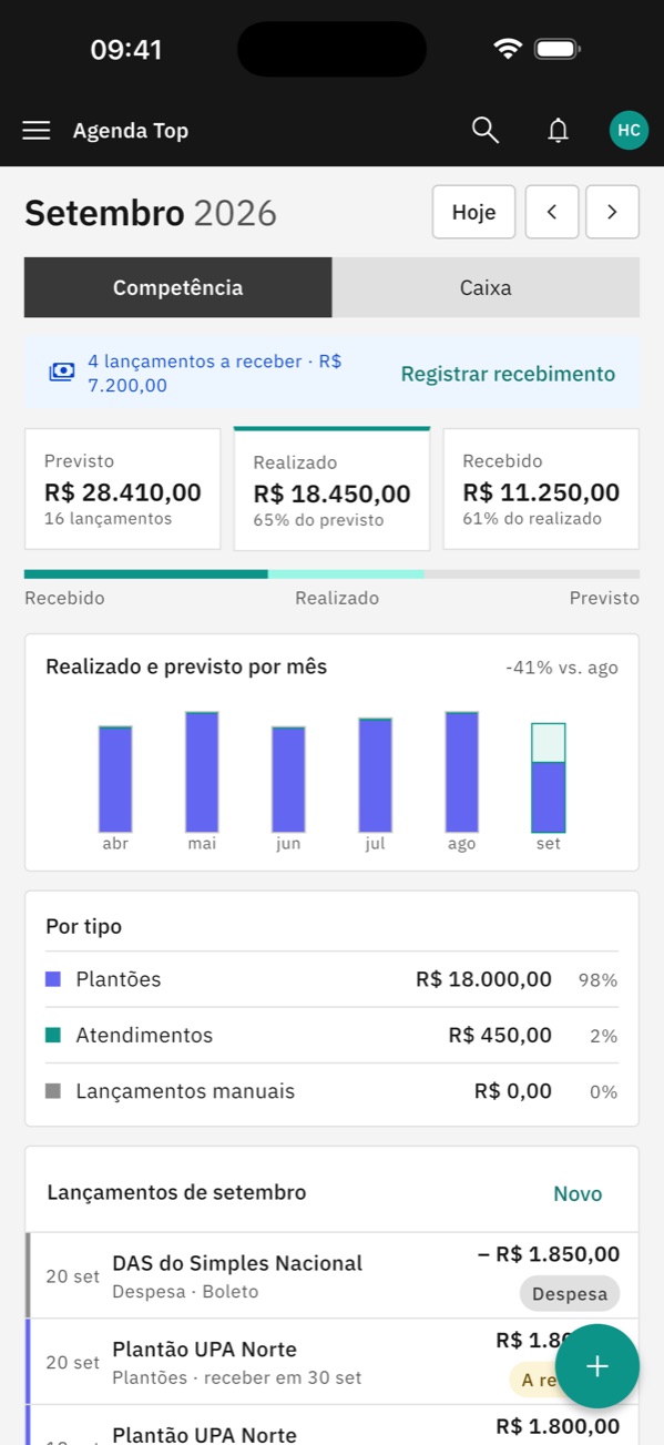 Financeiro do mês no app, com previsto, realizado e recebido