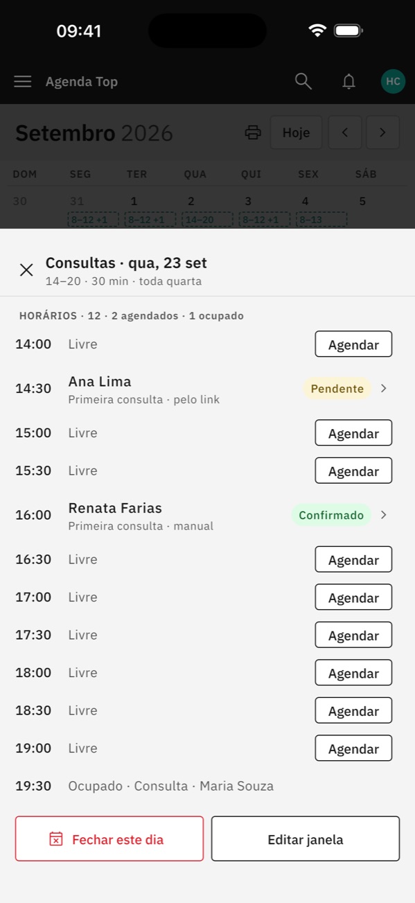 Horários do dia no app, com um agendamento pendente e um confirmado