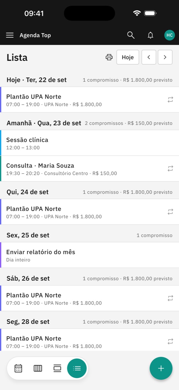 Lista dos próximos dias no app, com o valor de cada compromisso
