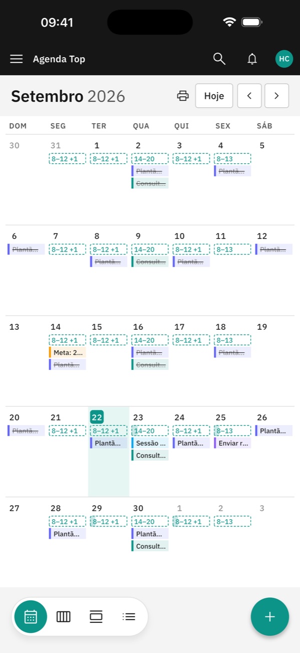 Agenda do mês no app, com a escala de plantões e as consultas