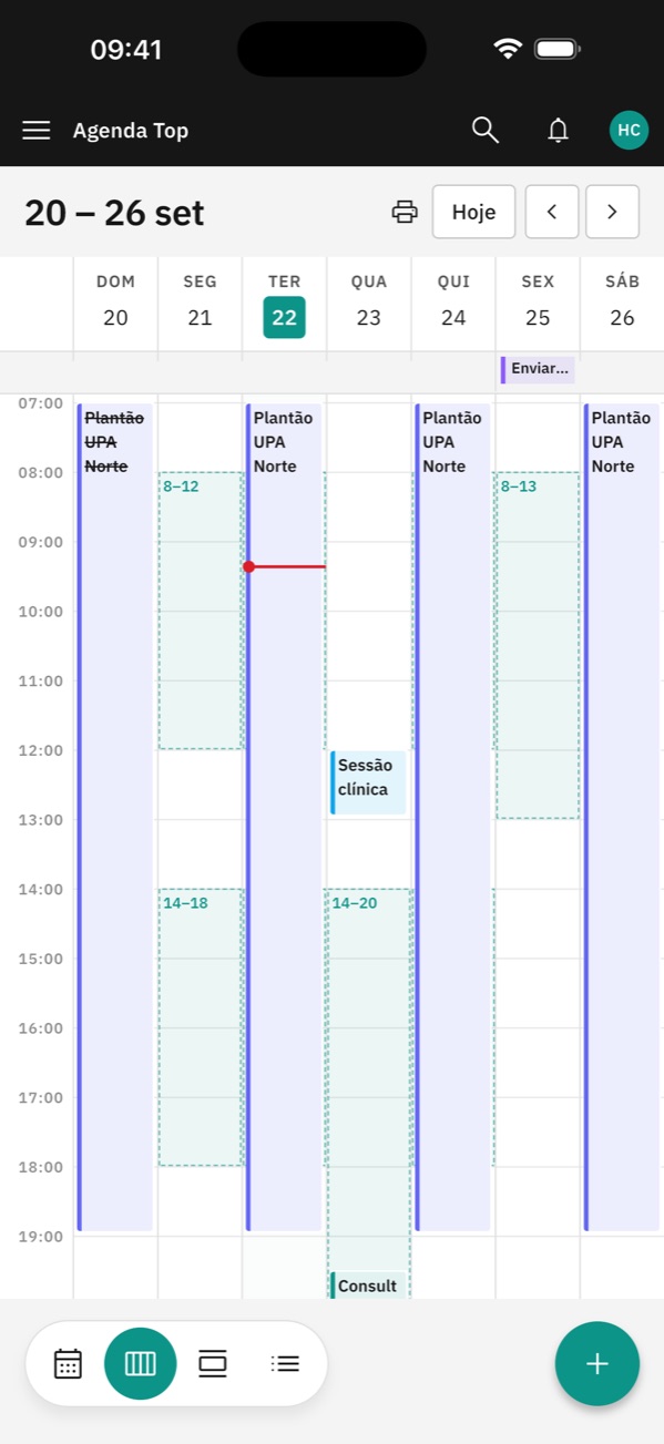 Agenda da semana no app, com plantões, horários abertos e uma sessão clínica