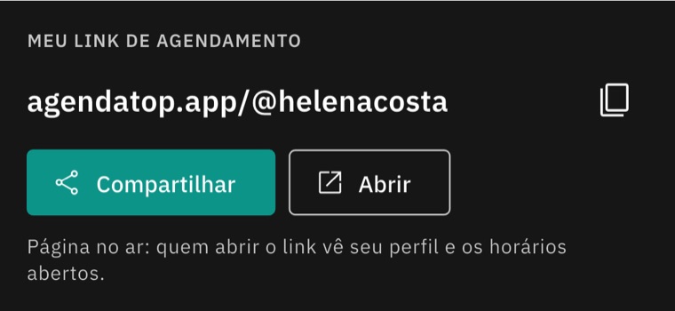 Link de agendamento agendatop.app/@helenacosta, com os botões Compartilhar e Abrir
