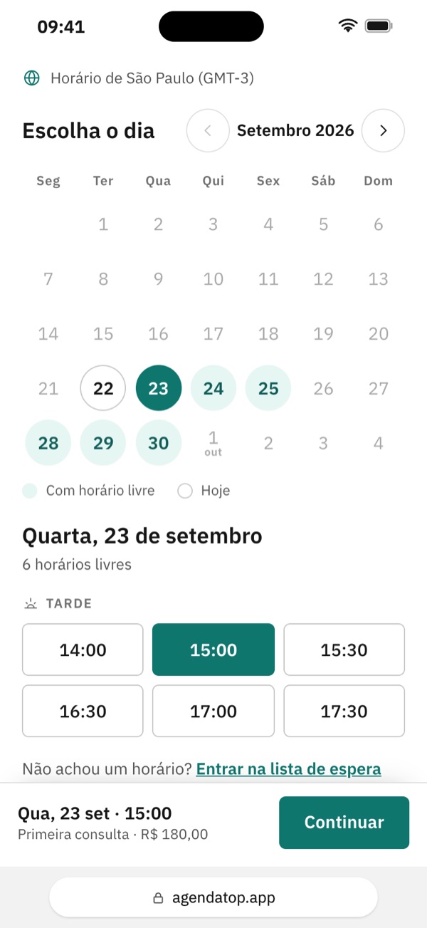 Página de agendamento de Helena Costa no navegador do celular, com o calendário de setembro e o horário das 15:00 escolhido